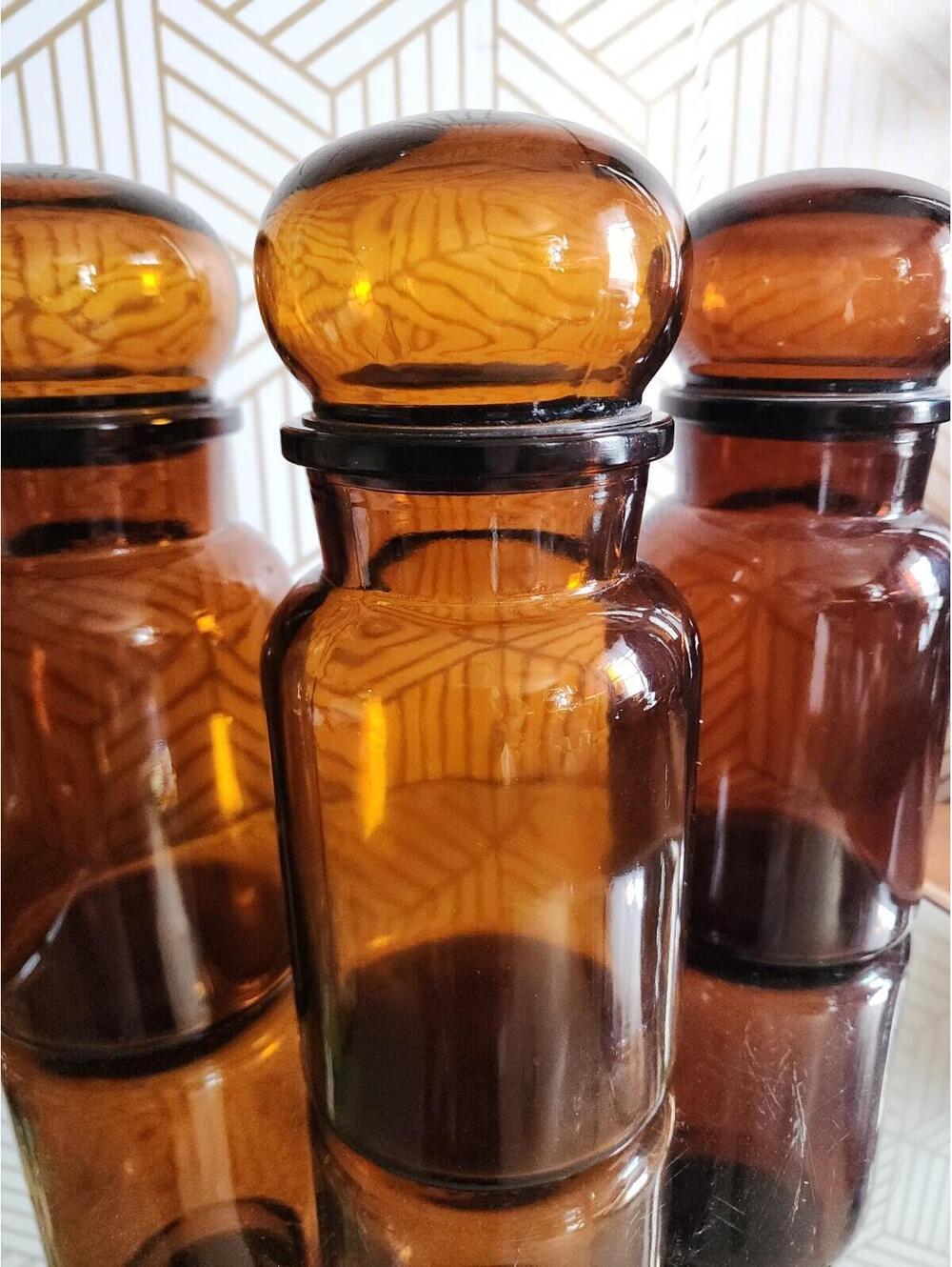 Vintage Apothecary Amber Brown Glass Jar 8.5” Bubble Lid Made in Belgium
